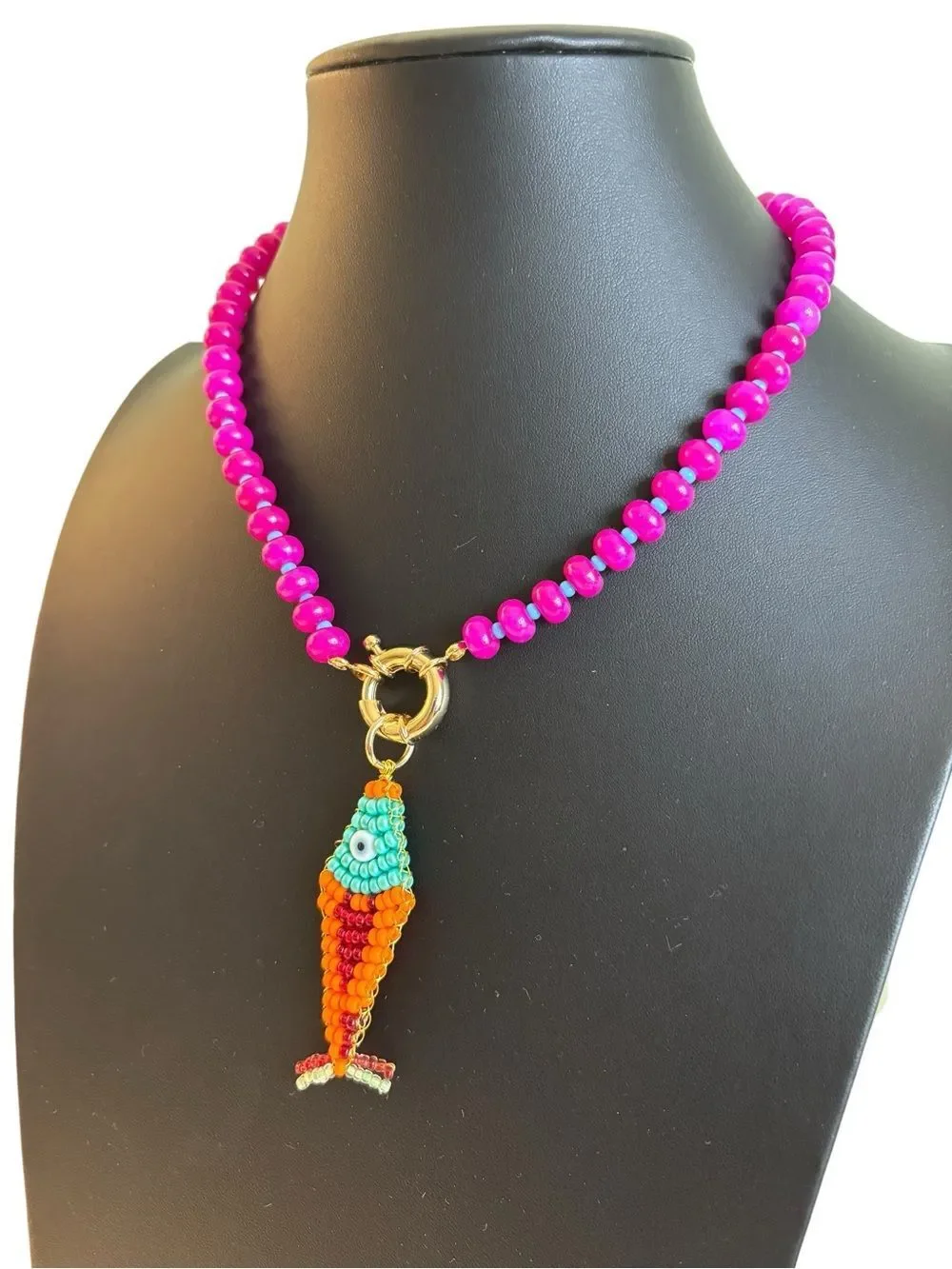 Beautiful, Bold Handcrafted Fuchsia & Turquoise Glass Beaded Fish Pendant